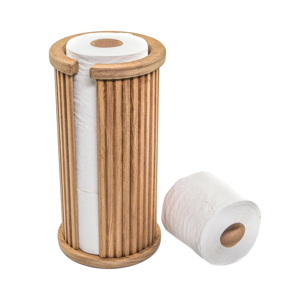 Wooden toilet paper holder with multiple rolls and one loose roll on a white background.