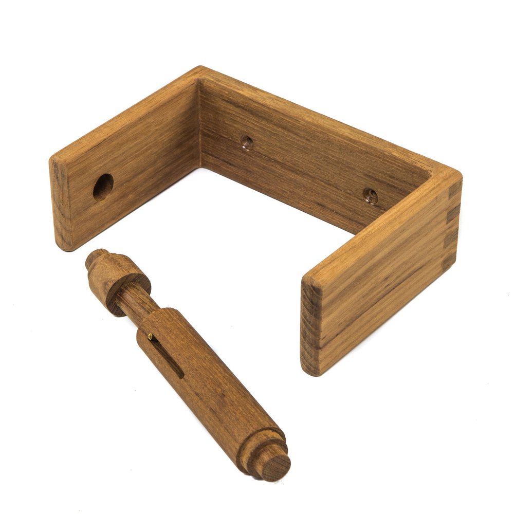 Traditional Solid Teak Wall Mount Toilet Paper Holder on a white background