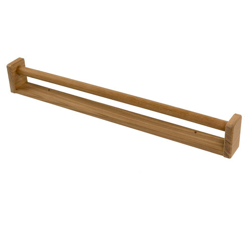 A wooden towel bar made of solid teak with a natural finish, shown against a white background.
