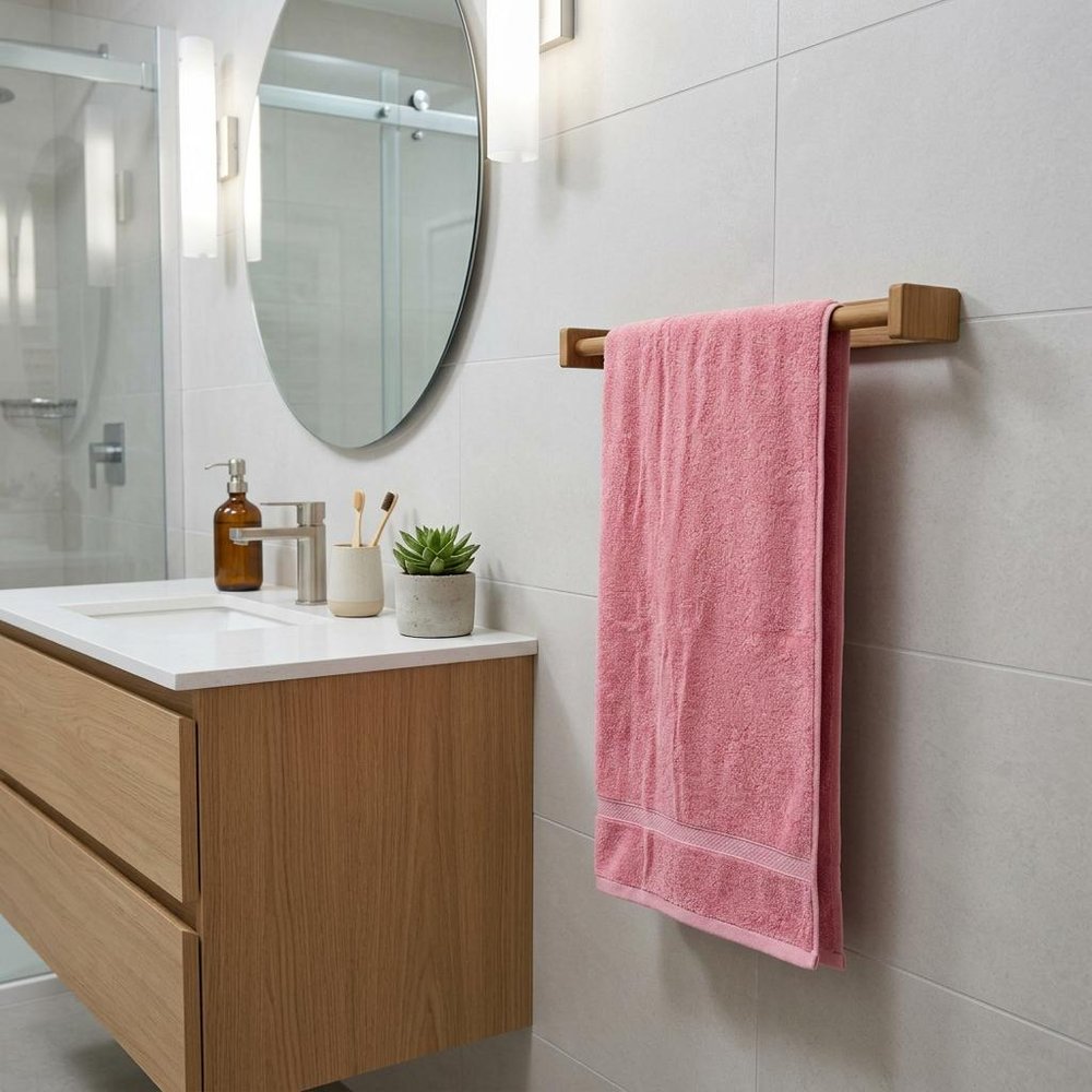 22" Traditional Solid Teak Towel Bar styled in a furnished interior with a light gray wall on a tiled floor in brown teak.
