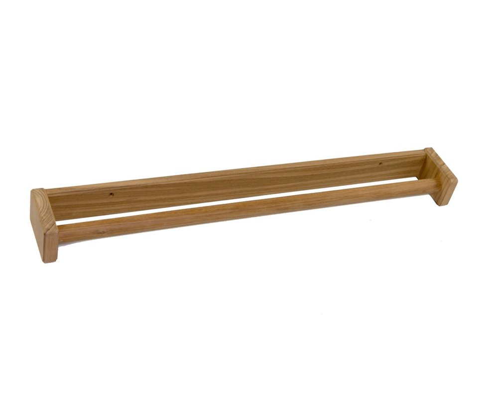 22" Traditional Solid Teak Towel Bar. Bath accessorie isolated on a plain white background, in a brown teak finish.