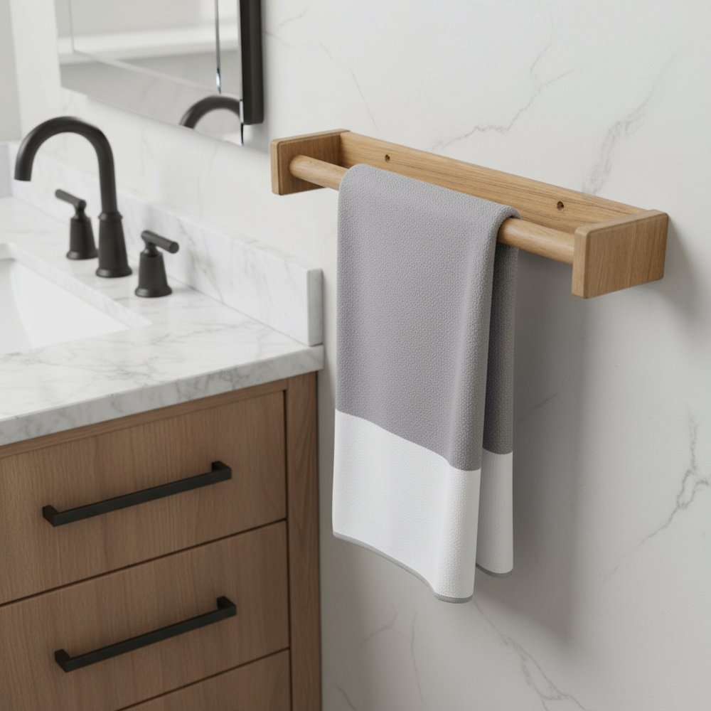16" Traditional Solid Teak Towel Bar styled in a furnished interior with an off-white wall on a dark wood floor in brown teak.