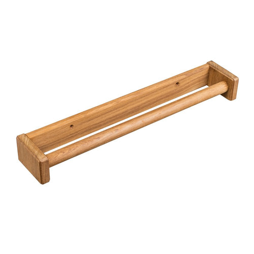 Wooden towel bar made of solid teak wood, mounted on a white background.