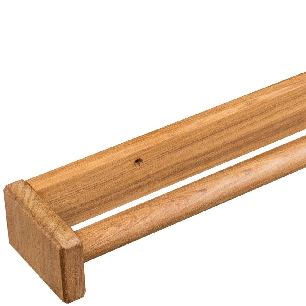 16" Traditional Solid Teak Towel Bar. Bath accessorie isolated on a plain white background, finished in brown teak.