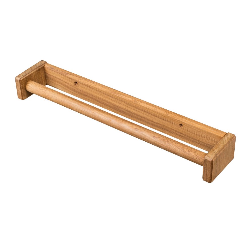 16" Traditional Solid Teak Towel Bar. Bath accessorie isolated on a plain white background, showing a brown teak surface.