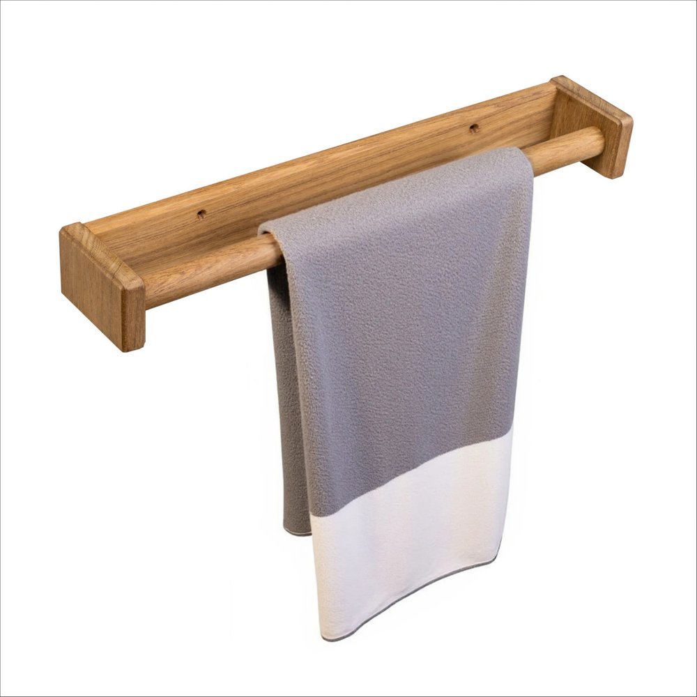 16" Traditional Solid Teak Towel Bar. Bath accessorie isolated on a plain white background, in a brown teak finish.