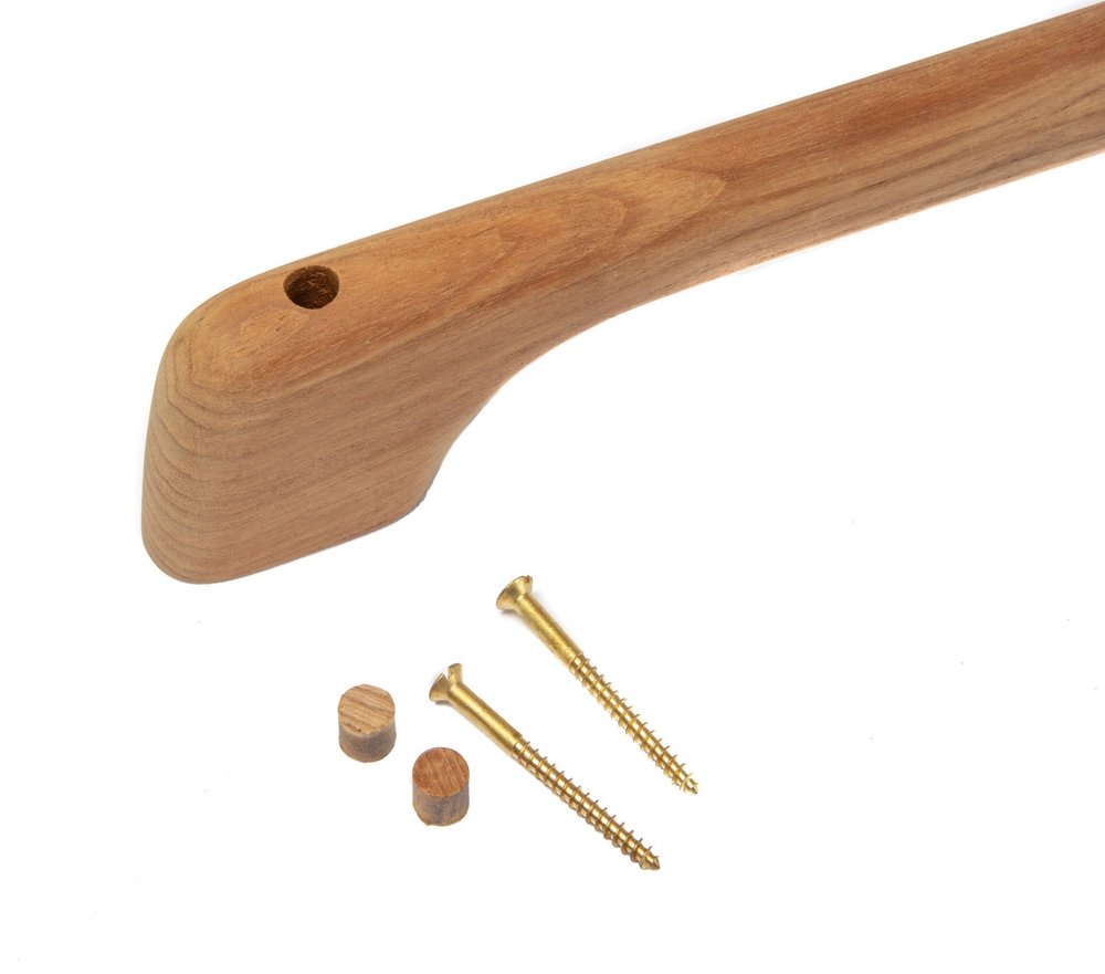 23" Traditional Solid Teak Towel Bar. Bath accessorie isolated on a plain white background, showing a brown wood surface.