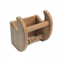 Wooden toilet paper holder in a natural brown finish on a white background.