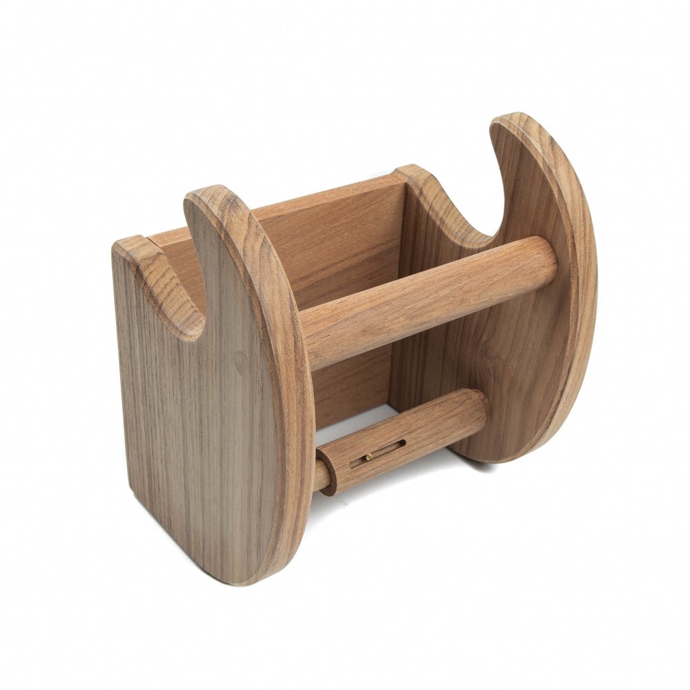 Wooden toilet paper holder in a natural brown finish on a white background.