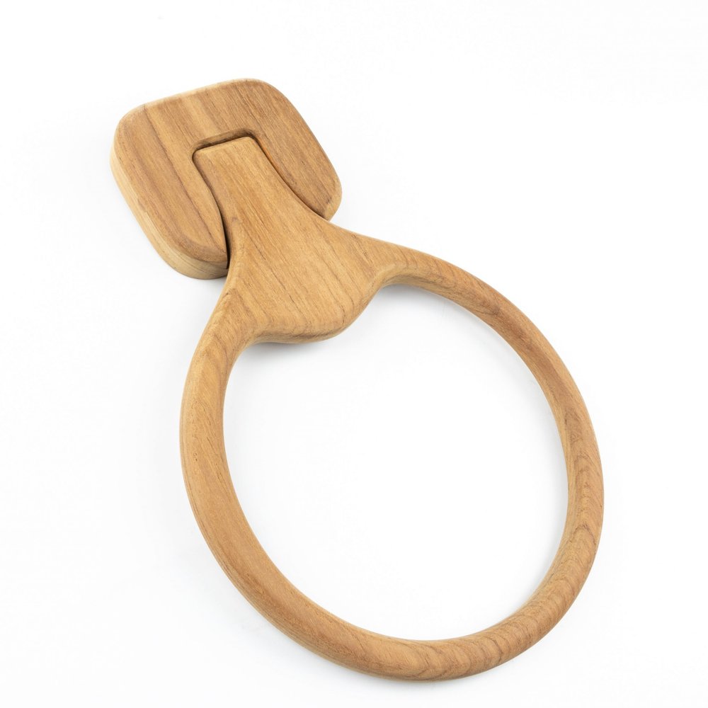 Natural solid teak wood wall mount towel ring on a white background.