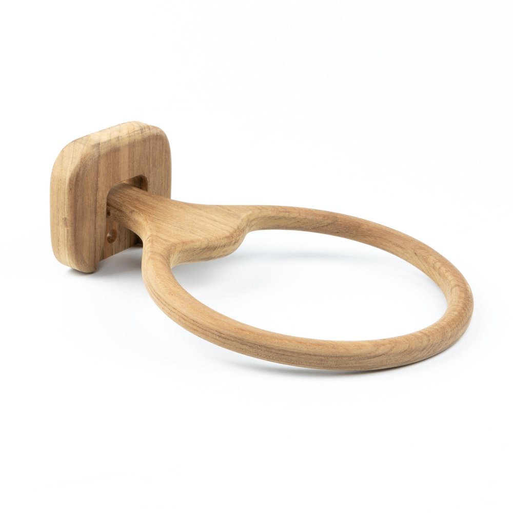 Natural Solid Teak Wood Wall Mount Towel Ring on a white background