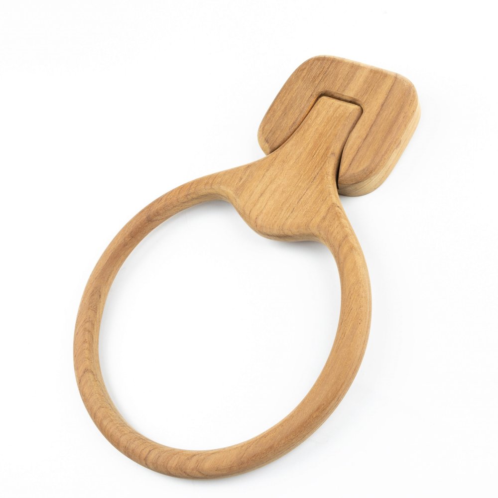 Natural Solid Teak Wood Wall Mount Towel Ring on a white background