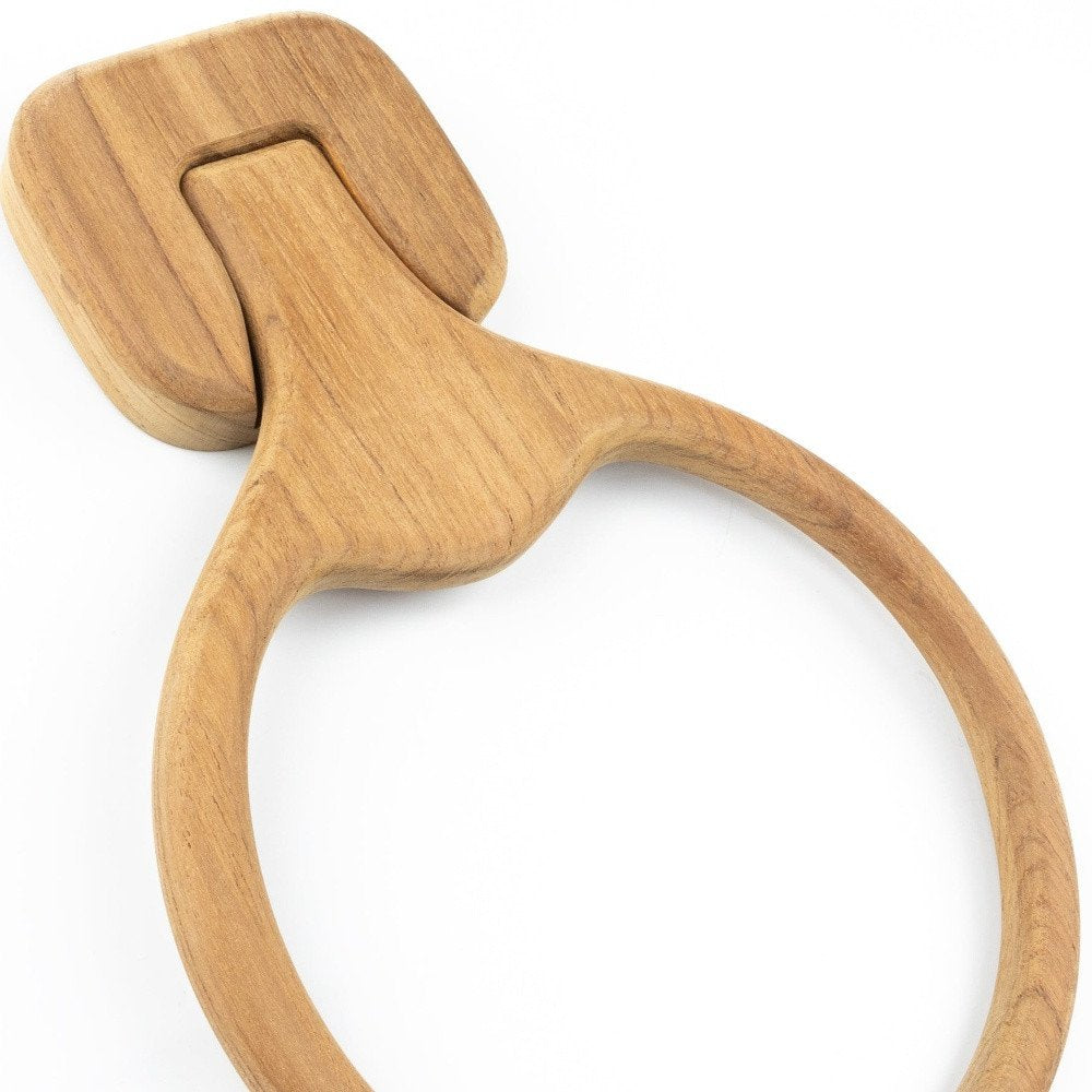 Natural Solid Teak Wood Wall Mount Towel Ring on a white background
