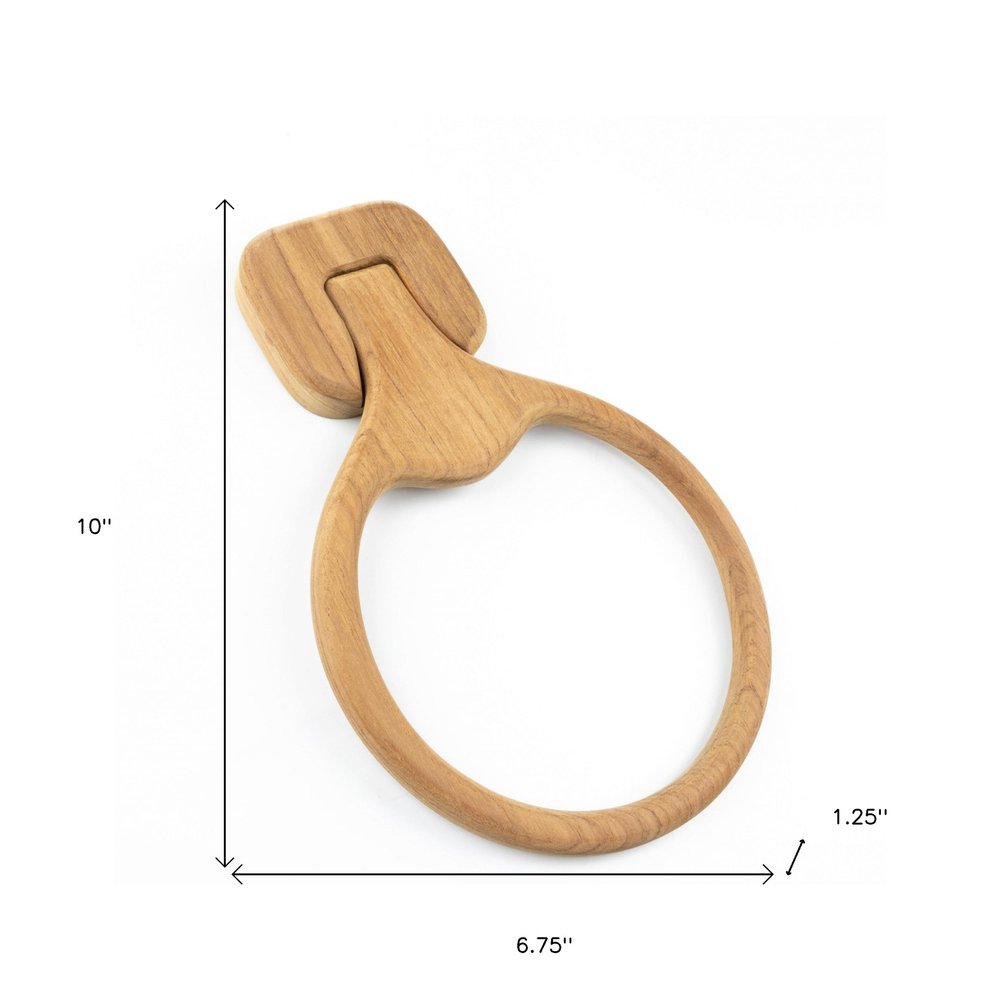 Natural Solid Teak Wood Wall Mount Towel Ring on a white background