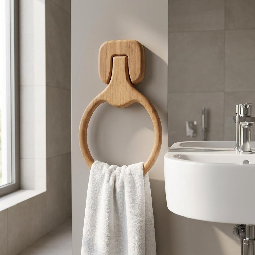 Natural Solid Teak Wood Wall Mount Towel Ring