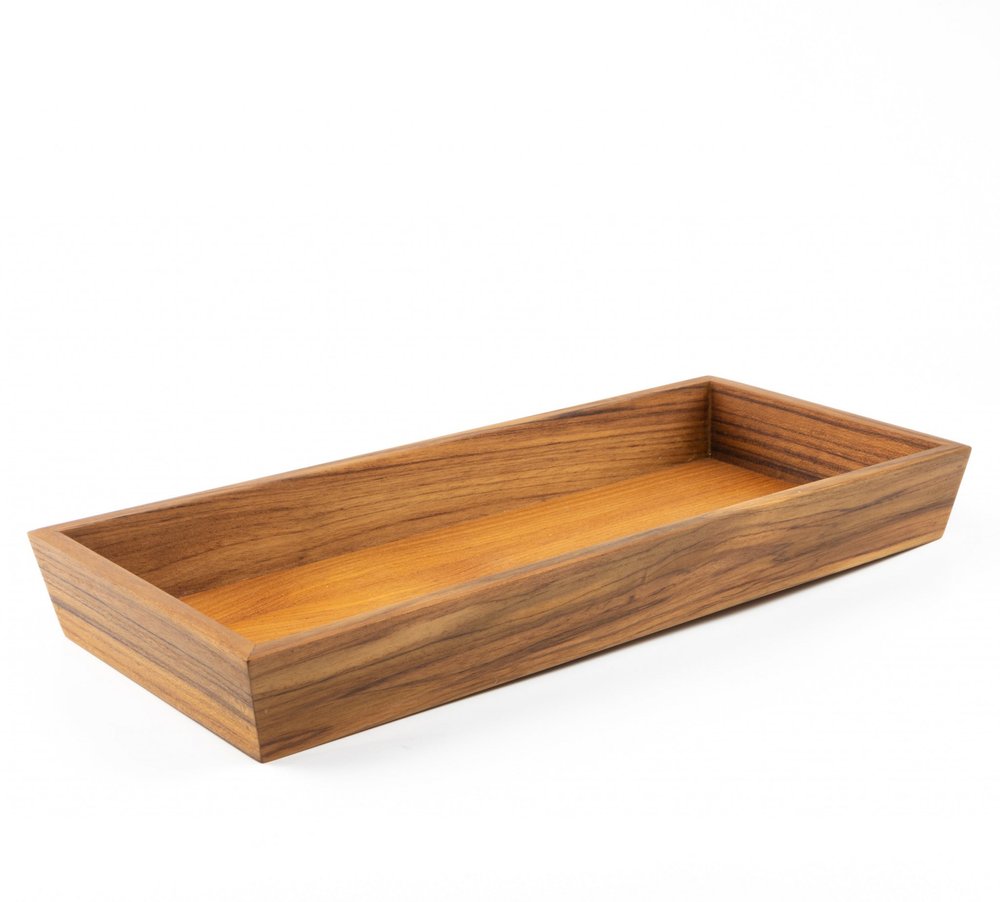 Rectangular brown solid teak vanity tray on a white background.