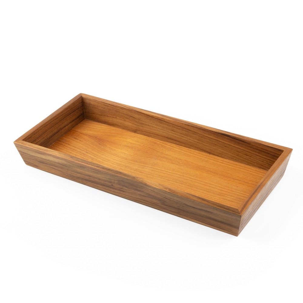 15" Brown Solid Teak Vanity Tray. Bath accessorie isolated on a plain white background, in a brown wood finish.