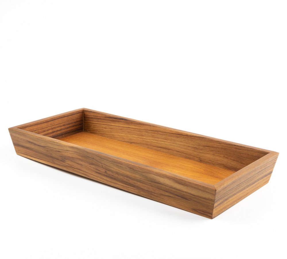 15" Brown Solid Teak Vanity Tray. Bath accessorie isolated on a plain white background, showing a brown wood surface.