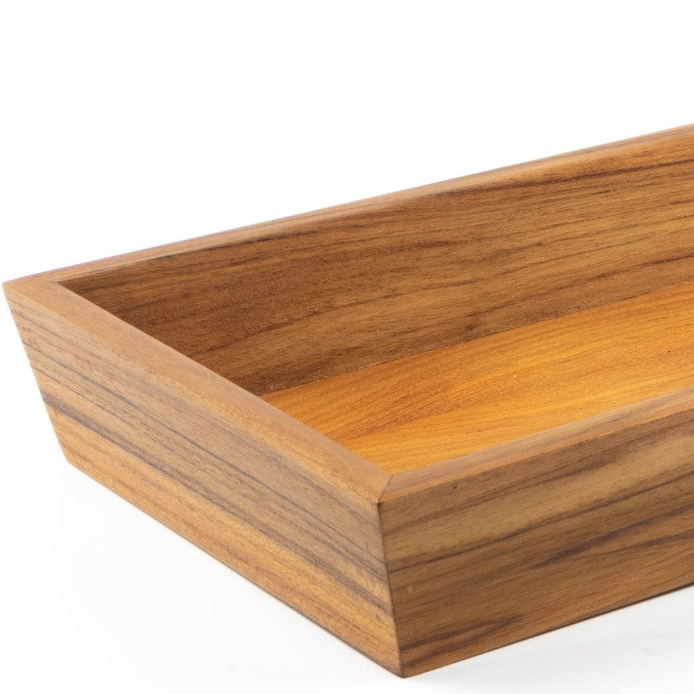 15" Brown Solid Teak Vanity Tray. Bath accessorie isolated on a plain white background, in a brown wood finish.