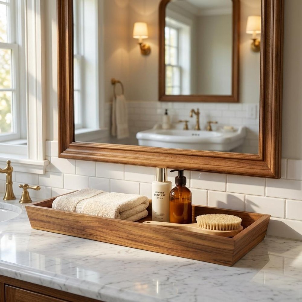 15" Brown Solid Teak Vanity Tray styled in a furnished interior with a tan wall on a tiled floor.