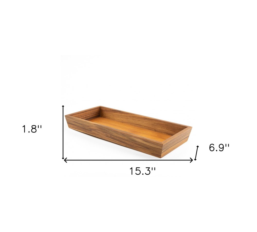 15" Brown Solid Teak Vanity Tray. Bath accessorie isolated on a plain white background, in a brown wood finish.