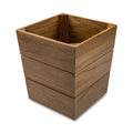 Square brown wooden waste basket with horizontal slats on a white background.