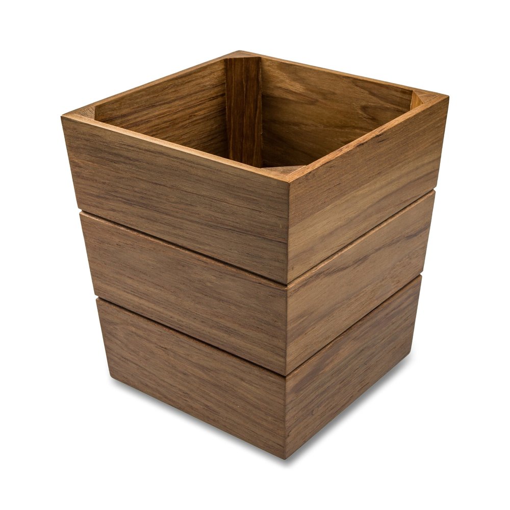Square brown wooden waste basket with horizontal slats on a white background.