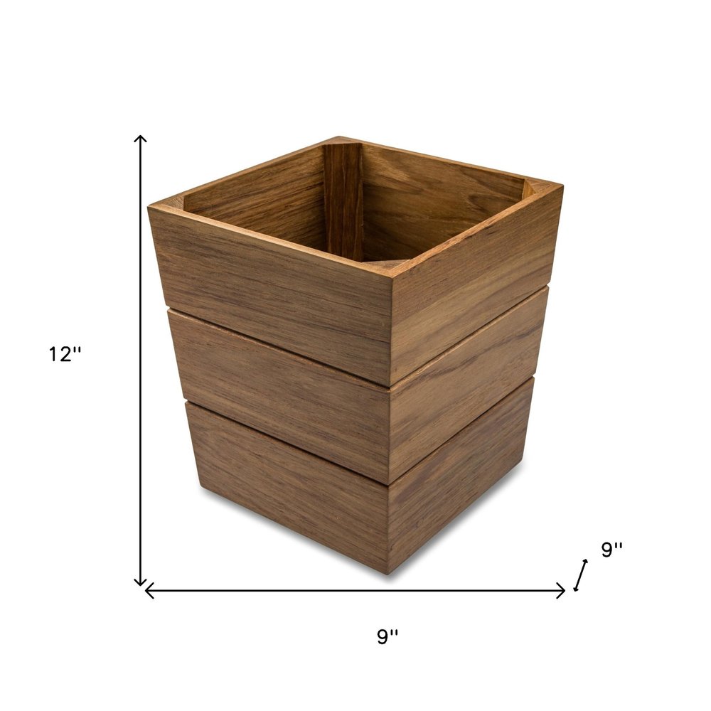 12" Brown Waste Basket. Bath accessorie isolated on a plain white background, in a brown finish.