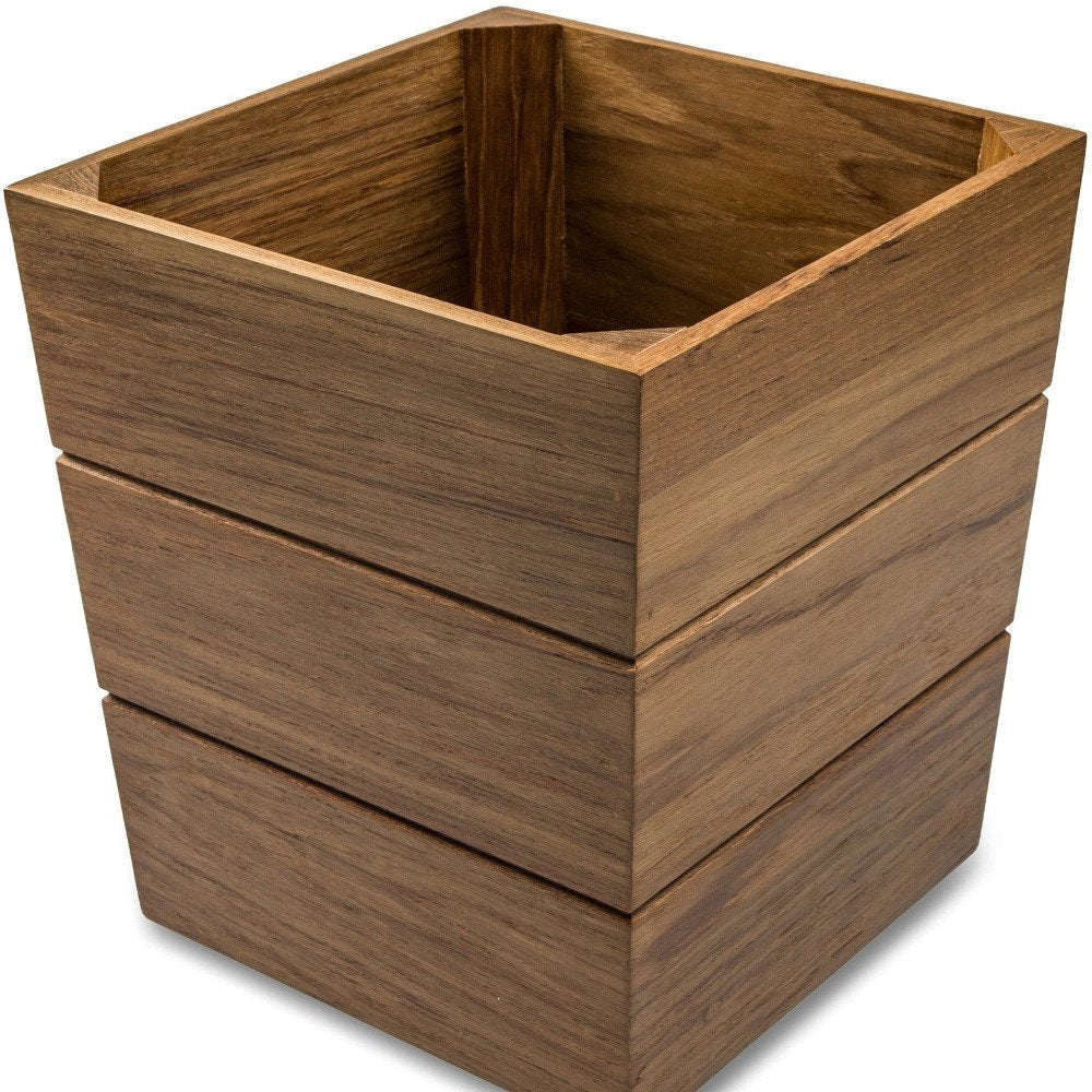 12" Brown Waste Basket. Bath accessorie isolated on a plain white background, in a brown finish.