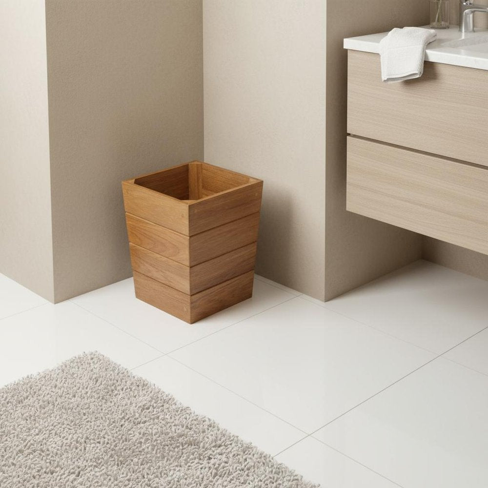 10" Traditional Solid Teak Small Waste Basket. Bath accessorie isolated on a plain white background, finished in brown teak.