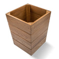 10" Traditional Solid Teak Small Waste Basket. Bath accessorie isolated on a plain white background, finished in brown teak.