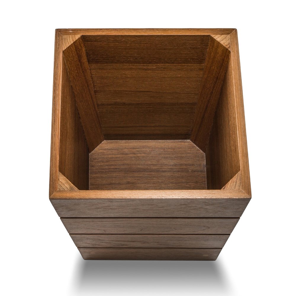 10" Traditional Solid Teak Small Waste Basket. Bath accessorie isolated on a plain white background, showing a brown teak surface.
