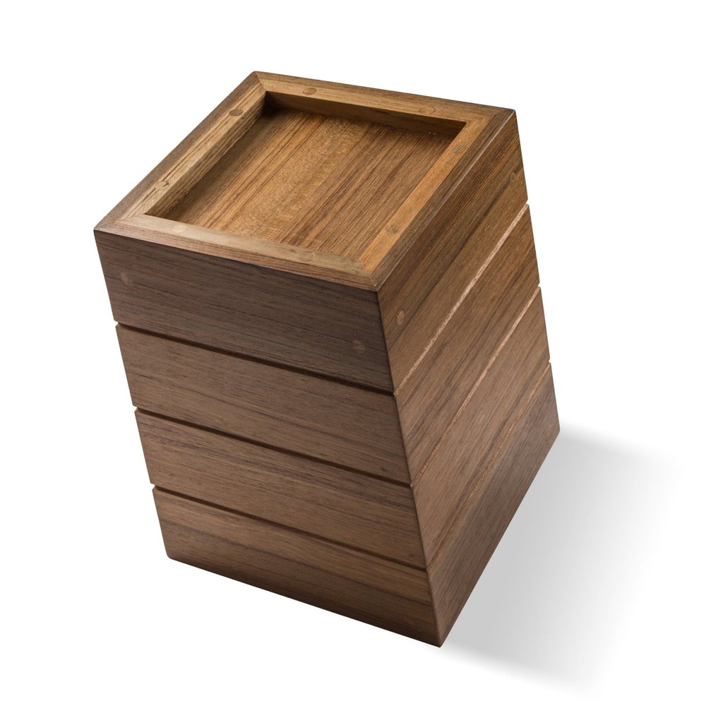 10" Traditional Solid Teak Small Waste Basket. Bath accessorie isolated on a plain white background, in a brown teak finish.