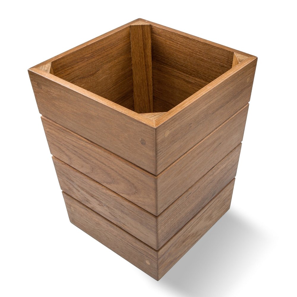 10" Traditional Solid Teak Small Waste Basket. Bath accessorie isolated on a plain white background, showing a brown teak surface.