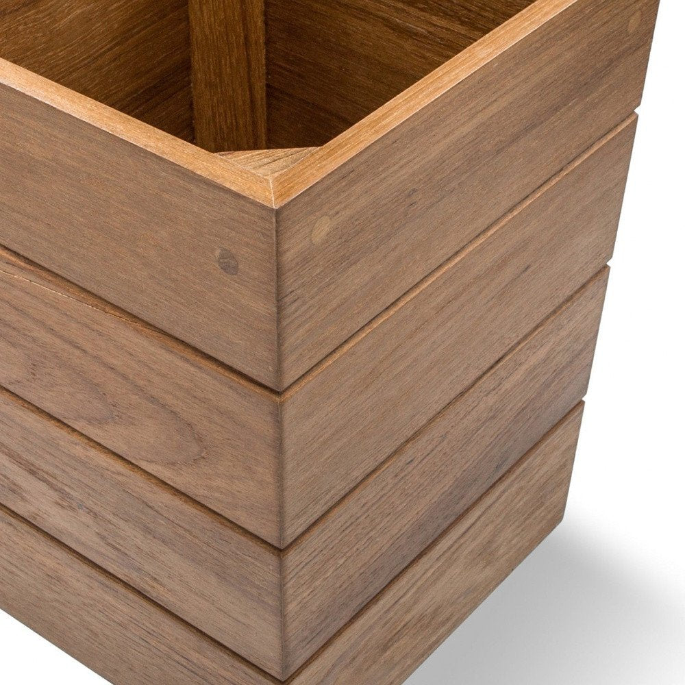 Close-up of 10" Traditional Solid Teak Small Waste Basket showing brown teak detail.