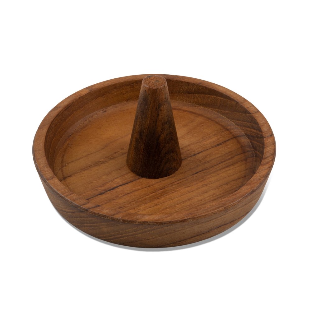 Wooden ring cone jewelry dish made of solid teak with a natural finish on a white background.