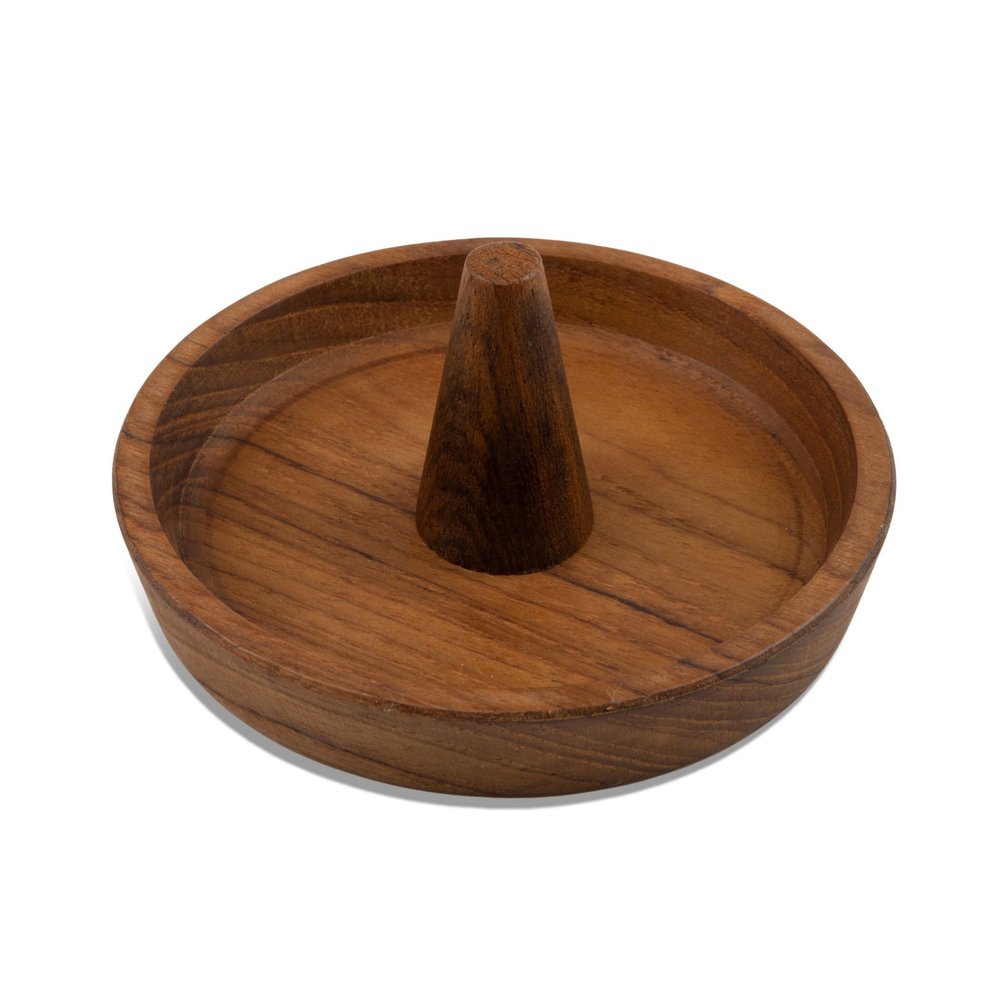 Traditional Solid Teak Ring Cone Jewelry Dish on a white background