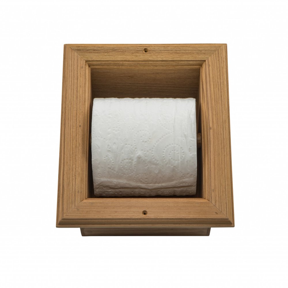 Traditional Solid Teak Recessed Wall Mount Toilet Paper Holder on a white background