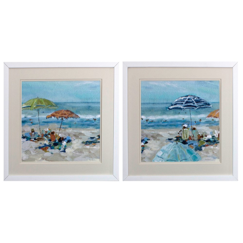 Set of two square framed art prints depicting beach scenes with umbrellas and people in blue and green tones.