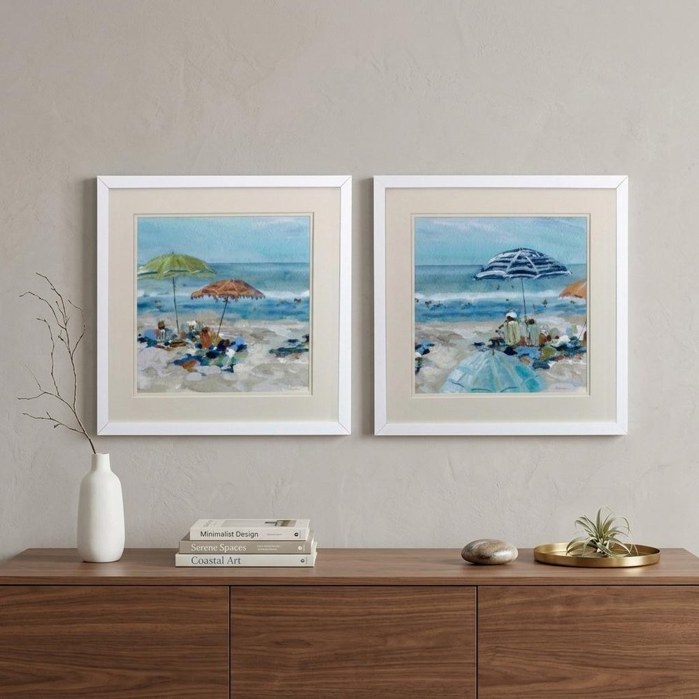 Set of Two Blue Day At The Beach Square Framed Art