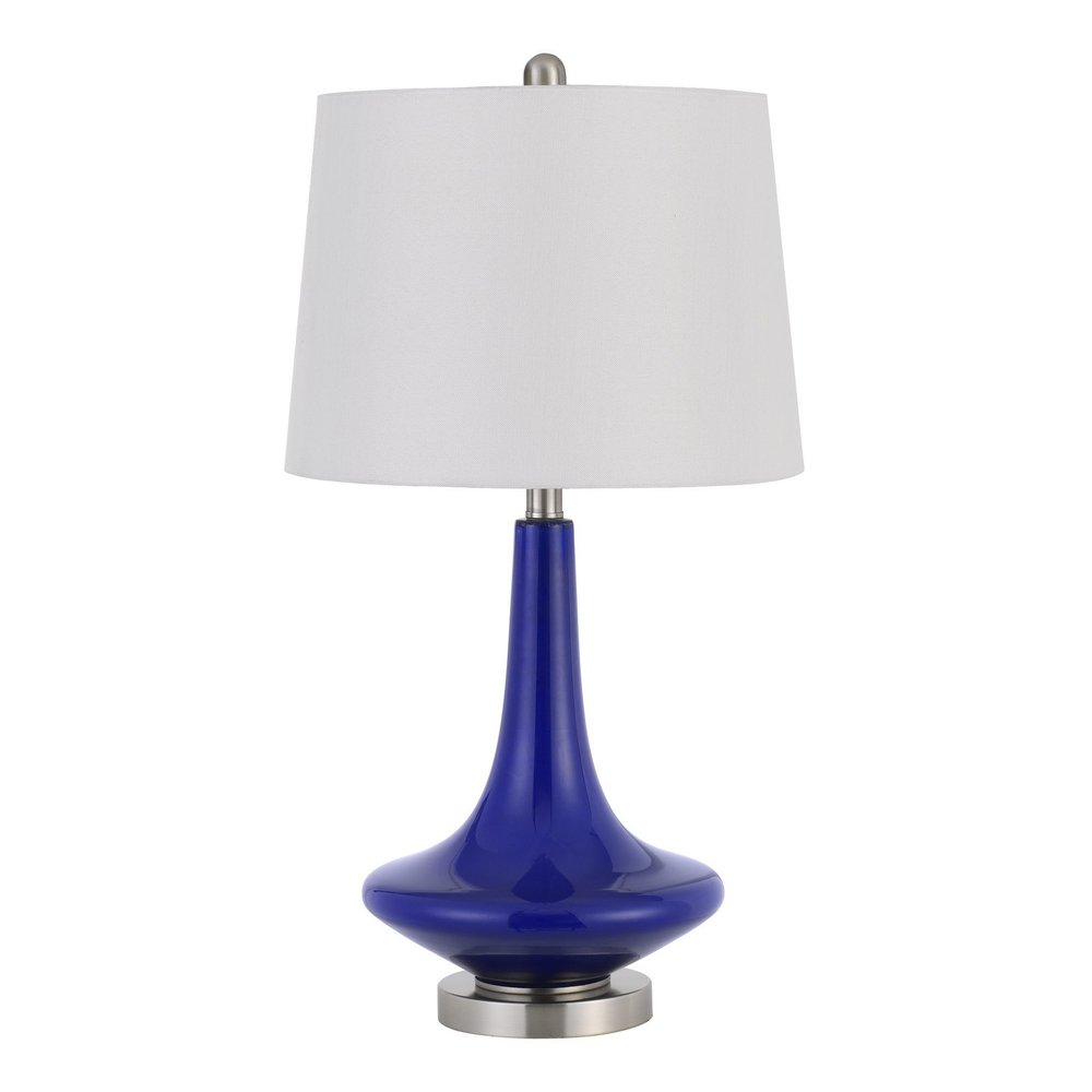 Set Of Two 26" Silver Metal Two Light Bedside Table Lamps With White Globe Shade on a white background