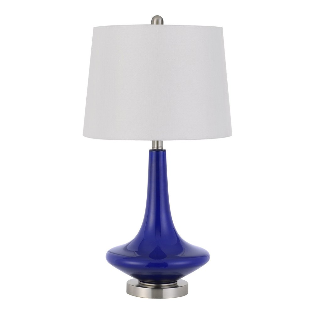 Set Of Two 26" Silver Metal Two Light Bedside Table Lamps With White Globe Shade on a white background