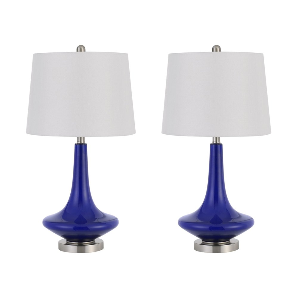 Set Of Two 26" Silver Metal Two Light Bedside Table Lamps With White Globe Shade on a white background