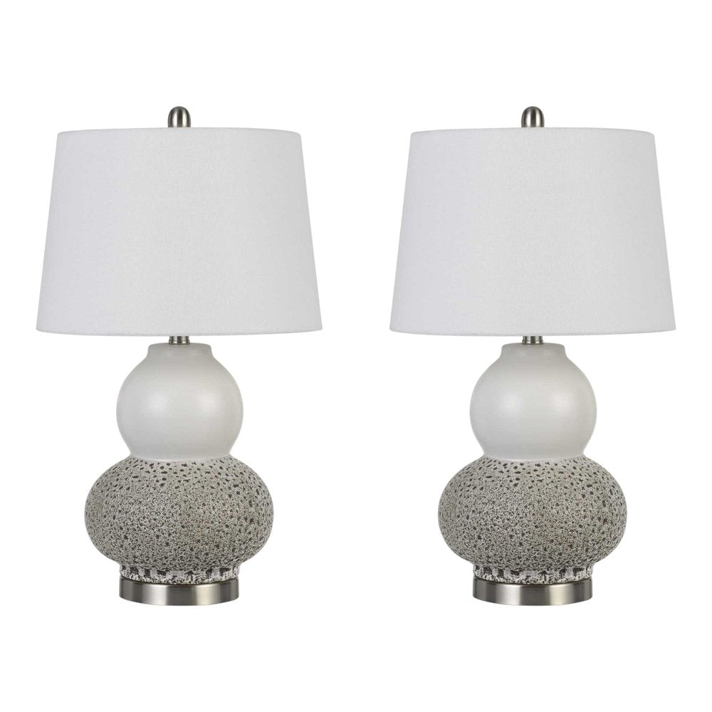 Set Of Two 24" Silver Metal Two Light Desk Table Lamps With White Globe Shade on a white background