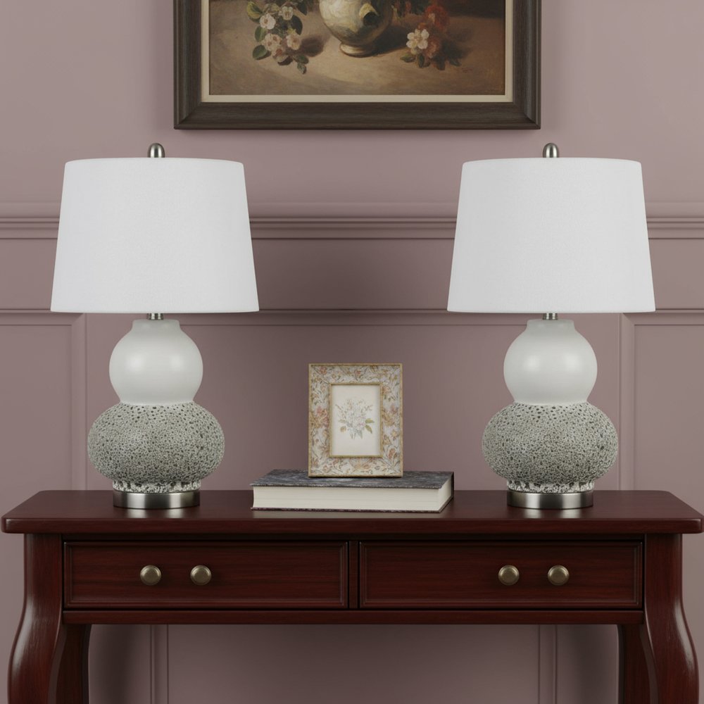 Set Of Two 24" Silver Metal Two Light Desk Table Lamps With White Globe Shade in a home interior