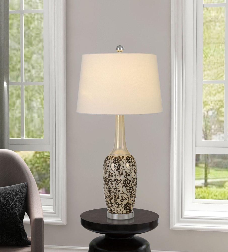 Set Of Two 30" Silver Metal Two Light Bedside Table Lamps With White Globe Shade in a home interior