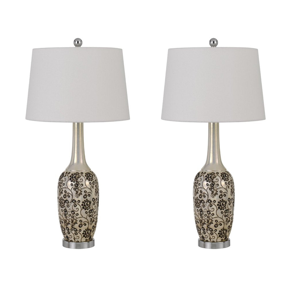 Set Of Two 30" Silver Metal Two Light Bedside Table Lamps With White Globe Shade on a white background
