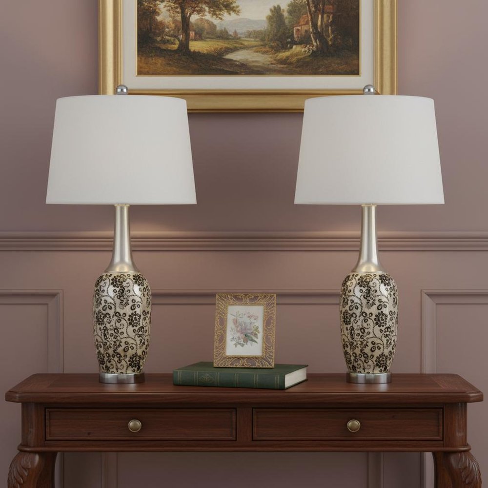 Set Of Two 30" Silver Metal Two Light Bedside Table Lamps With White Globe Shade in a home interior