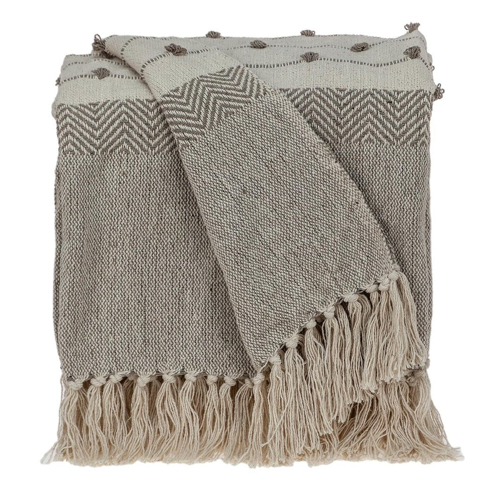 Woven beige throw blanket with tufted accents, a chevron pattern, and fringe detail on a white background.
