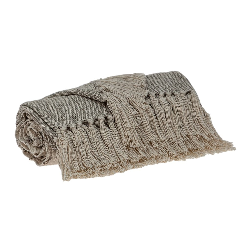 Tufted Beige Fringed Woven Handloom Throw on a white background